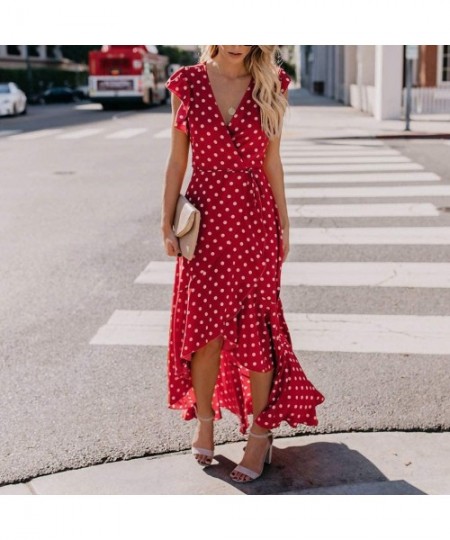 Camisoles & Tanks Dress & Tops- Womens Dots Boho Mini Dress Lady Beach Sundrss Maxi Dress - Red - CT18O7H4O2C