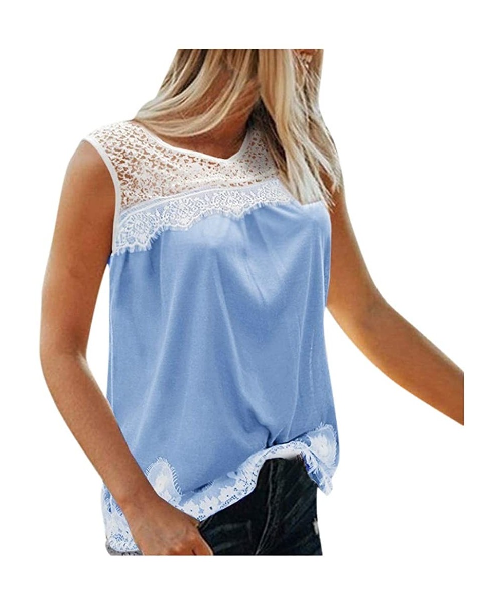Thermal Underwear Casual Lace Appliques Hollow Patchwork Sleeveless Blouses - Plus Size Casual V-Neck Tank Tops - Blue - C019...