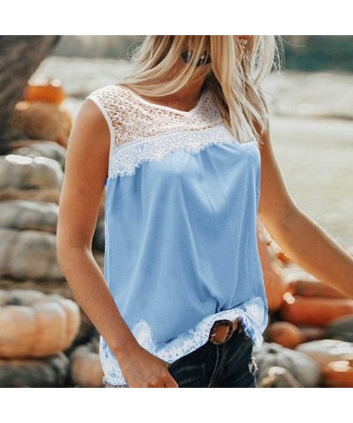 Thermal Underwear Casual Lace Appliques Hollow Patchwork Sleeveless Blouses - Plus Size Casual V-Neck Tank Tops - Blue - C019...