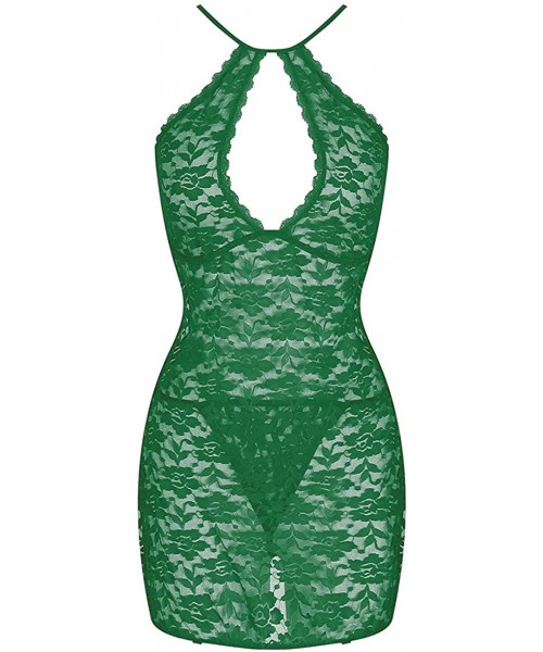 Baby Dolls & Chemises Women's Halter Plus Size Lace Lingerie Keyhole Mesh Stretch Babydoll Chemise with Garters - Green - CK1...