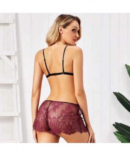 Bras New Women Floral Lace Bra Backless Shorts Underwear Pajamas Sleepwear Lingerie - Wine - CK18ZW5OE0Z