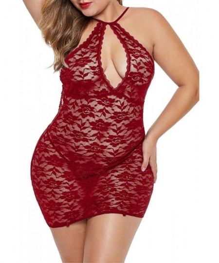 Nightgowns & Sleepshirts Women's Halter Plus Size Lace Lingerie Keyhole Mesh Stretch Babydoll Chemise with Garters - Wine - C...