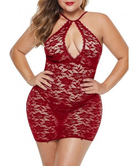 Nightgowns & Sleepshirts Women's Halter Plus Size Lace Lingerie Keyhole Mesh Stretch Babydoll Chemise with Garters - Wine - C...