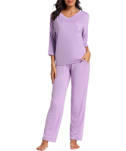 Sets Women's V-Neck Knit Sleepwear 3/4 Sleeves Top with Pants Soft Pajama Set - V-light Purple - CG18XTNCS4M