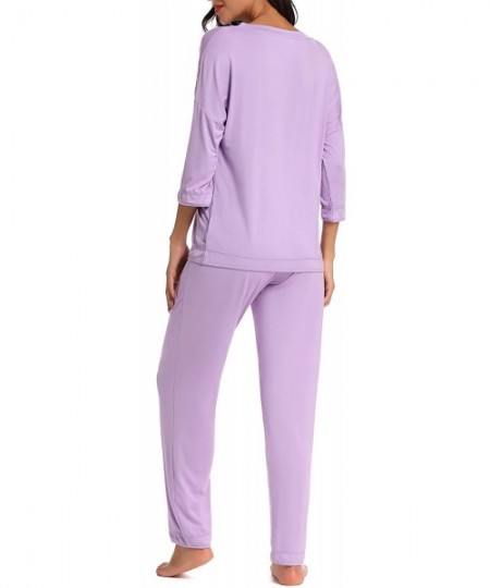 Sets Women's V-Neck Knit Sleepwear 3/4 Sleeves Top with Pants Soft Pajama Set - V-light Purple - CG18XTNCS4M