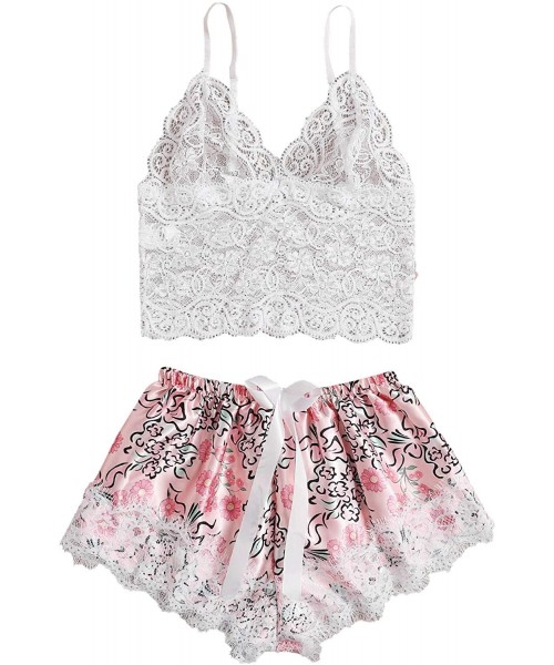 Sets Women's Sleepwear Contrast Lace Frill Trim Spaghetti Strap Pajama Set - White and Pink Flower - CJ190TL9TYL