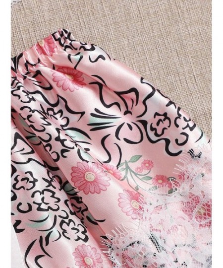 Sets Women's Sleepwear Contrast Lace Frill Trim Spaghetti Strap Pajama Set - White and Pink Flower - CJ190TL9TYL