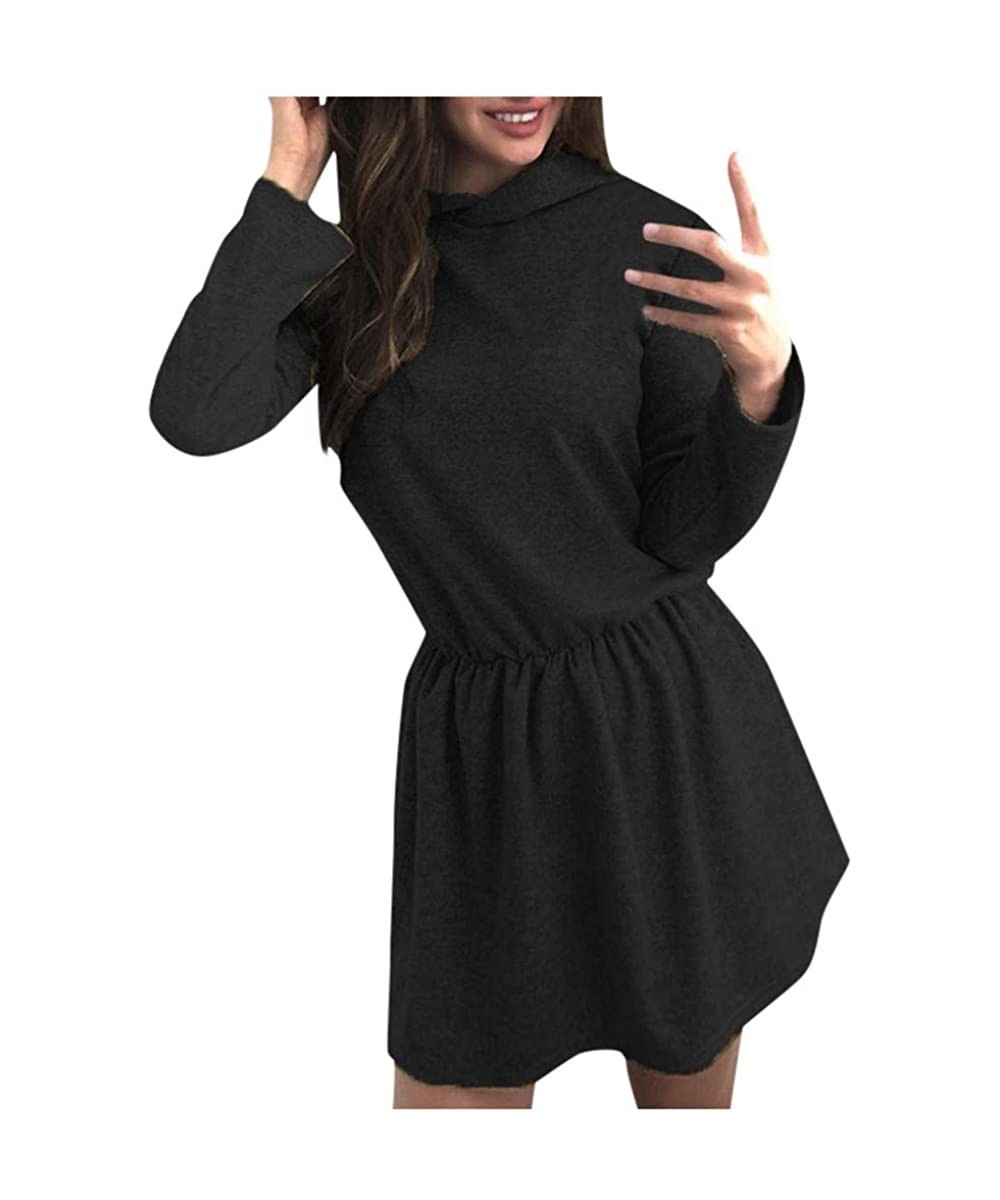 Garters & Garter Belts Womens Mini Hooded Dress Solid Color Long Sleeve Casual Pullover Tops Dresses - Black - C2193NOOS5Z