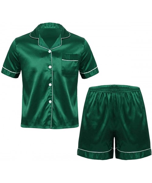 Sleep Sets Men's Short Sleeve Satin Pajama Set with Shorts Classic Sleepwear Loungewear - Green - CS198SE4HDW