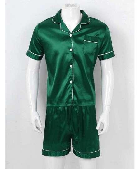 Sleep Sets Men's Short Sleeve Satin Pajama Set with Shorts Classic Sleepwear Loungewear - Green - CS198SE4HDW