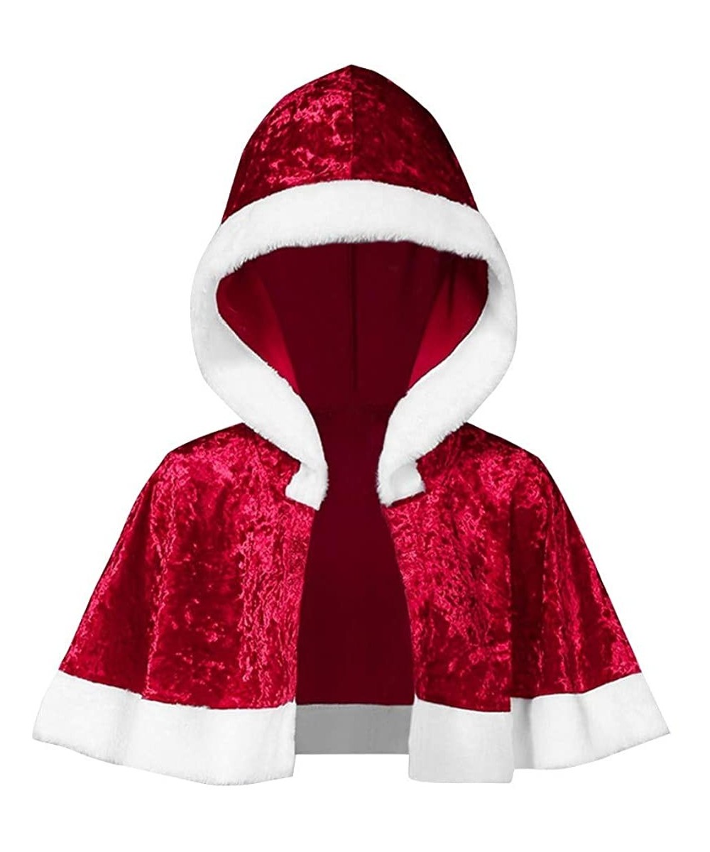 Slips Womens Christmas Dresses Velvet Santa Long Sleeve O-Neck Festival Dress and Hooded Cloak - Shawl-red - C818Z400WNT