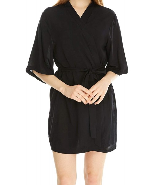 Robes Women's Pure Color Kimono Bathrobe-Short Soft Cotton Bridesmaid Robes - Black - CR194KG6756
