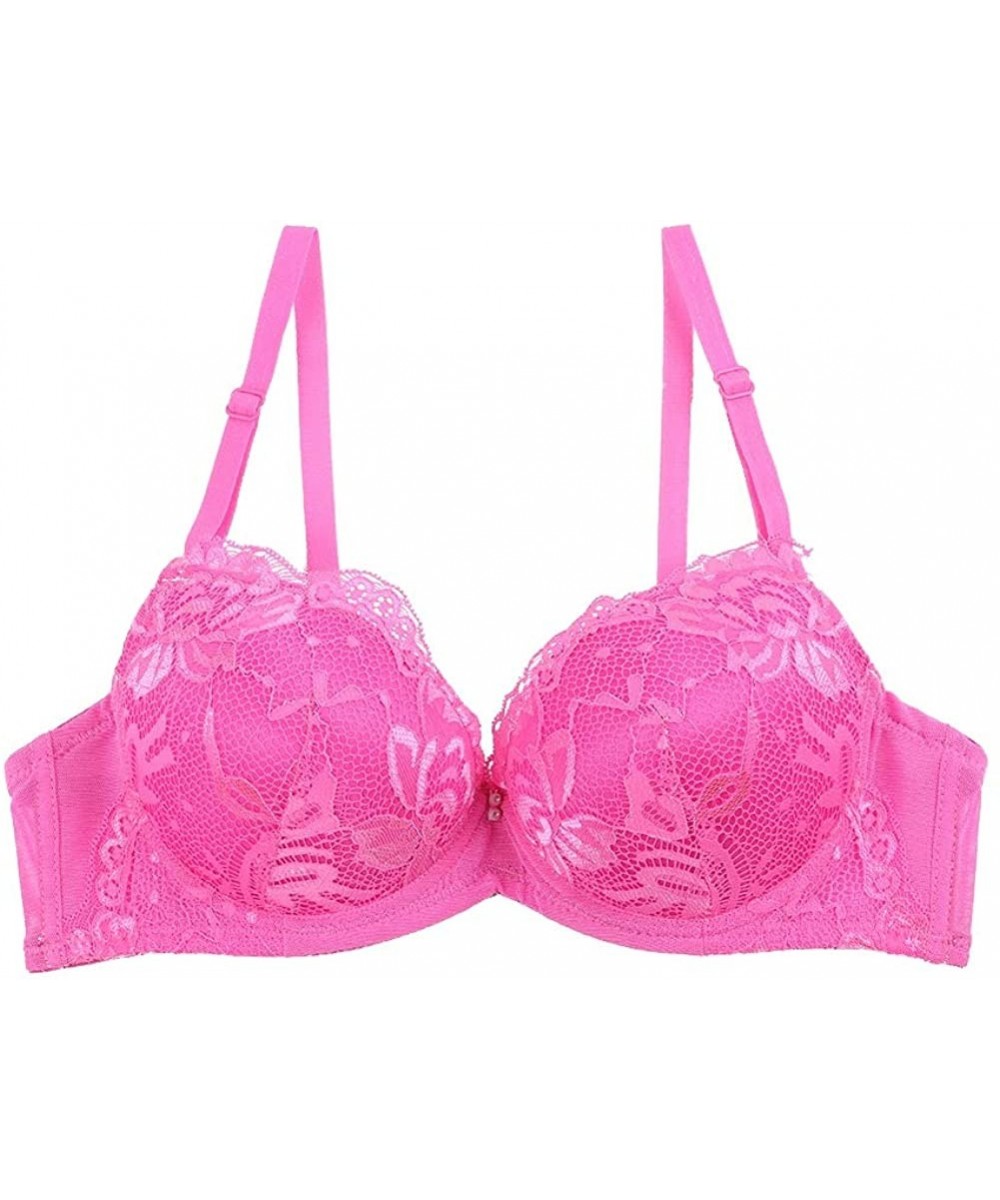 Bras Fashion New Lace Thickening Cup Gather Adjustment Bra 3/4 Cup Embroidered Solid Color Bra - Rose - CY18QKL20HR