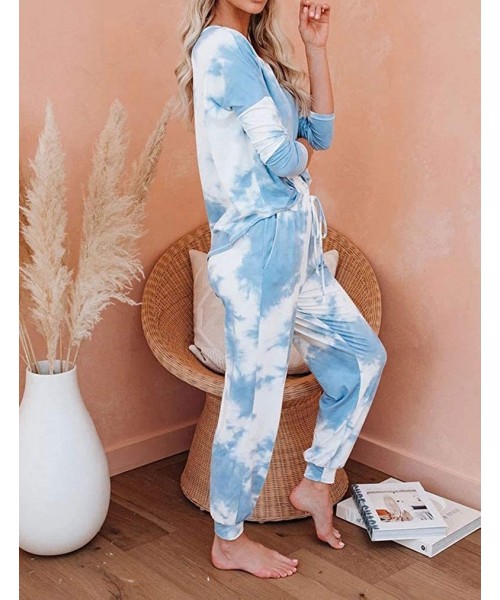 Sets Womens Tie Dye Printed Pajamas Set Long Sleeve Tops and Pants Jogger PJ Sets Nightwear Sleepwear Loungwear Blue - CB198K...