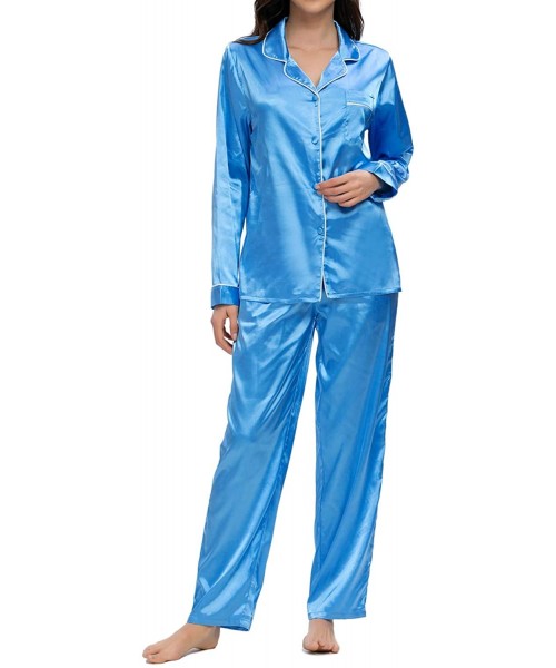 Sets Pajamas Set for Women Womense Satin Pajamas Lounge Set Nightwear Floral - Solid Blue - C2199HTN2RH