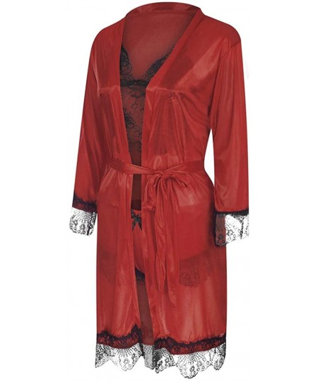 Sets Women's 3pcs Pajama Sets Elegance Sleepwear Sets Satins Lace Sleepwear Robe Shorts Home Wear Clothes - Red - C918ZLA3LU7