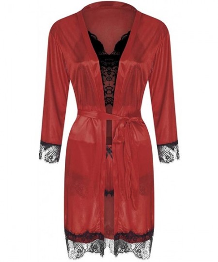 Sets Women's 3pcs Pajama Sets Elegance Sleepwear Sets Satins Lace Sleepwear Robe Shorts Home Wear Clothes - Red - C918ZLA3LU7