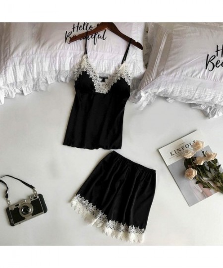Baby Dolls & Chemises Women 2PC Sleepwear Sets-Sexy Lace Lingerie Nightwear Loose Underwear Babydoll Shorts - Black - CS18SY8...