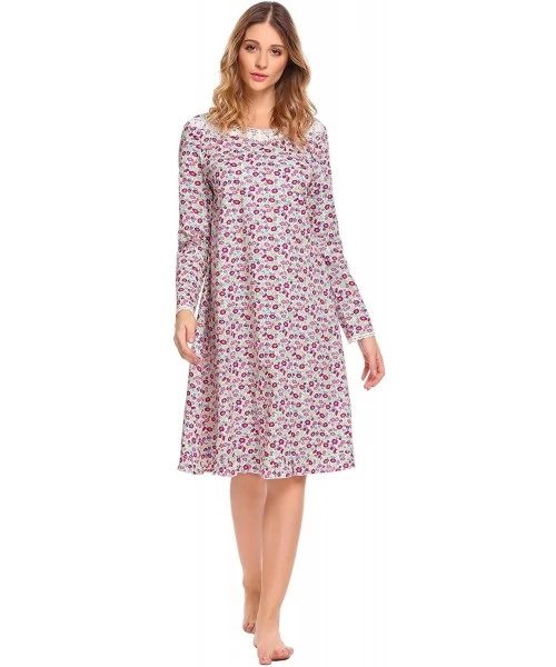 Nightgowns & Sleepshirts Women Cotton Irregular Collar Long Sleeve A-Line Ruffle Hem Lace Prints Sleepwear Dress - Pink - CW1...