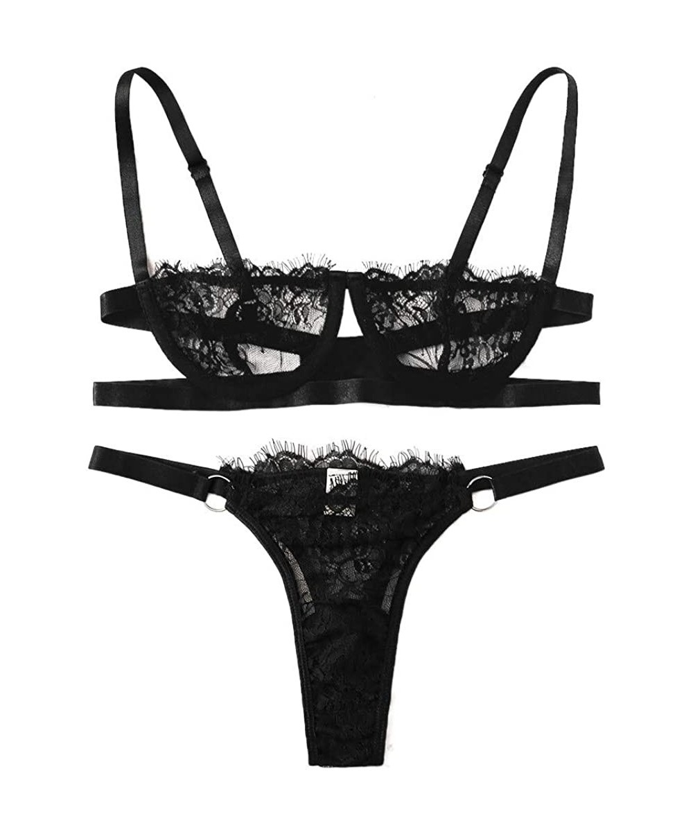 Bras Women's Lace Lingerie Sets Sexy Bra and Panty Set Babydoll Bodysuit - Black - CK193Q3GQQ5
