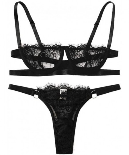 Bras Women's Lace Lingerie Sets Sexy Bra and Panty Set Babydoll Bodysuit - Black - CK193Q3GQQ5