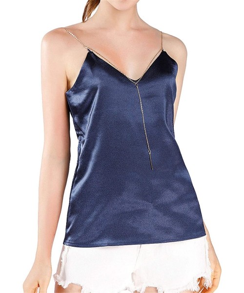Camisoles & Tanks Womens Satin Silk Camisole Tank Top Cami V-Neck with Metal Straps - Blue - C918RQLKSDS