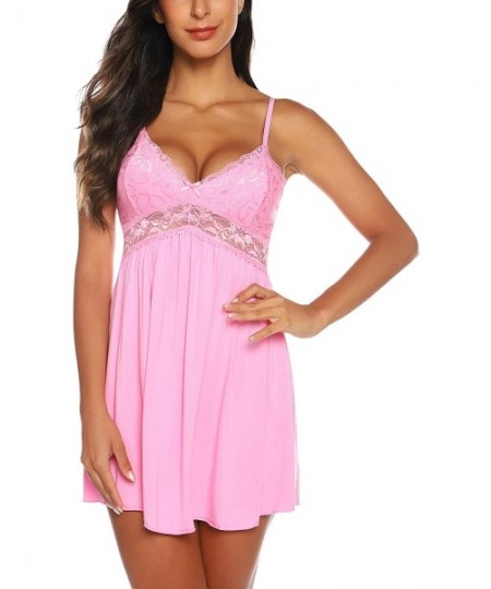 Baby Dolls & Chemises Women Lace Lingerie Sleepwear Chemises V-Neck Full Slip Babydoll Nightgown Dress - Pink - CE18DRKXOOZ