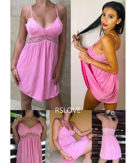 Baby Dolls & Chemises Women Lace Lingerie Sleepwear Chemises V-Neck Full Slip Babydoll Nightgown Dress - Pink - CE18DRKXOOZ