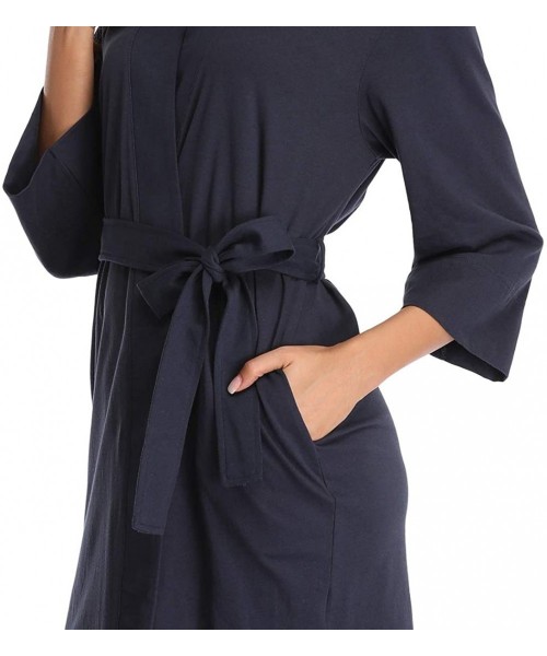 Robes Women Kimono Robe Cotton Short Knit Bathrobe Soft Sleepwear Lightweight - Navy - CM18XL3K2OM