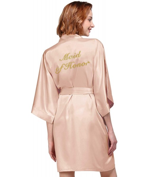 Robes Personalized Satin Robes Bridesmaid Bride Kimono Bathrobe Gift for Wedding Party with Gold Rhinestone - Shell Pink (Gol...