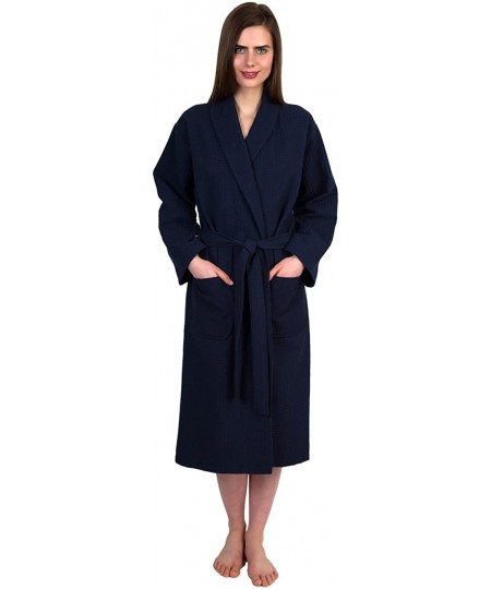 Robes Women's Waffle Weave Robe Shawl Spa Bathrobe Made in Turkey - Navy - CS11LIUXY2T
