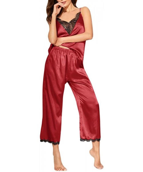 Sets Womens Sexy Cami Silk Pajamas Set Soft Satin Lace-Like Nightwear Pajamas Lingerie. - Red - C318Z65S9G4