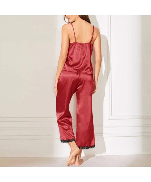 Sets Womens Sexy Cami Silk Pajamas Set Soft Satin Lace-Like Nightwear Pajamas Lingerie. - Red - C318Z65S9G4