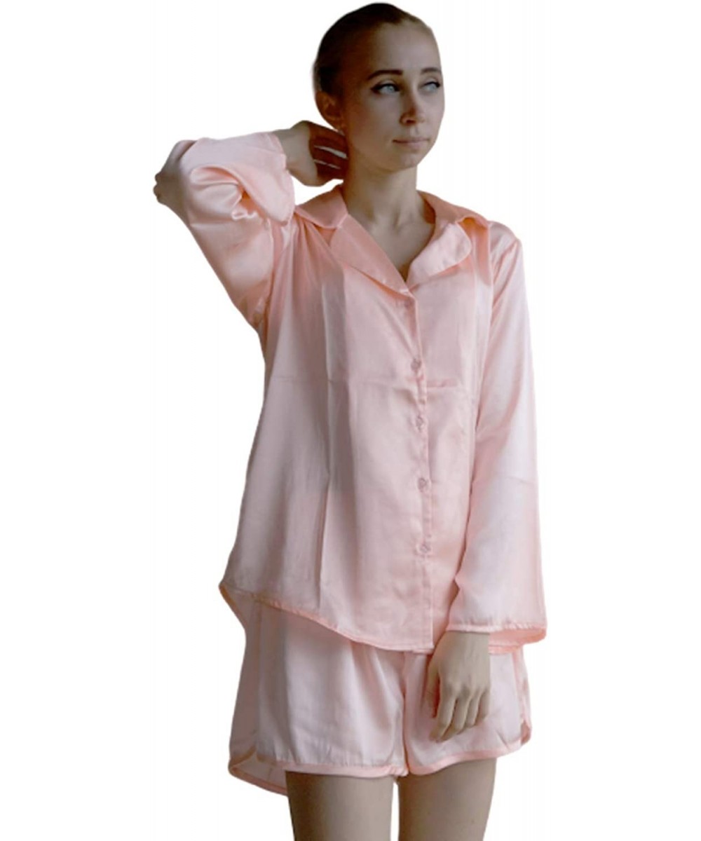 Sets Women's Satin Silk Pj Sets Long Sleeved with Shorts - Peach - C2192Z5A909