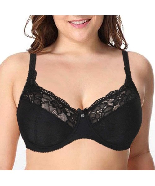 Bras Women Sheer Lace Unlined Sexy Bra with Underwire Plus Size - Black - C118K5ALAD5
