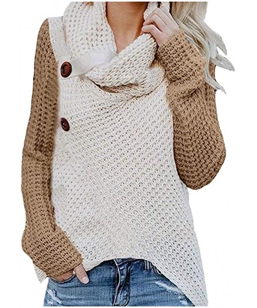 Tops Womens Cowl Neck Knit Sweater Button Up Pullover Tunic Asymmetrical Fall Sweatshirt Top - Colorblock - Khaki - CH18AOYMDN0