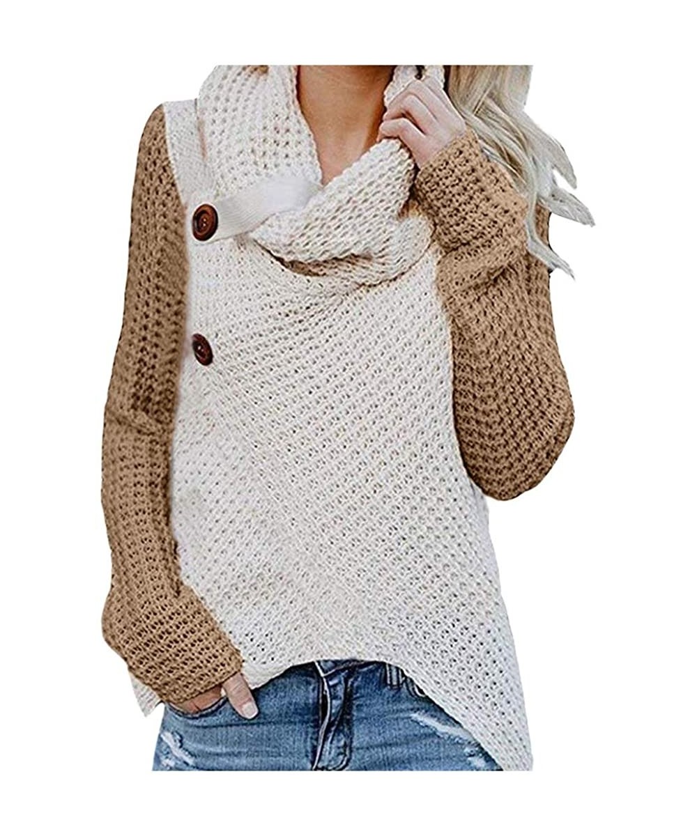 Tops Womens Cowl Neck Knit Sweater Button Up Pullover Tunic Asymmetrical Fall Sweatshirt Top - Colorblock - Khaki - CH18AOYMDN0