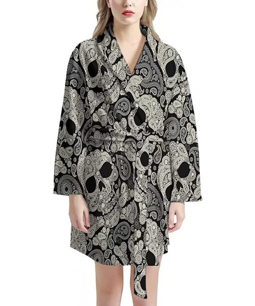 Robes Women Bathrobe Short Kimono Robe Knee Length Soft Sleepwear with Front Pockets - Skull Gray - CG1976TXK72