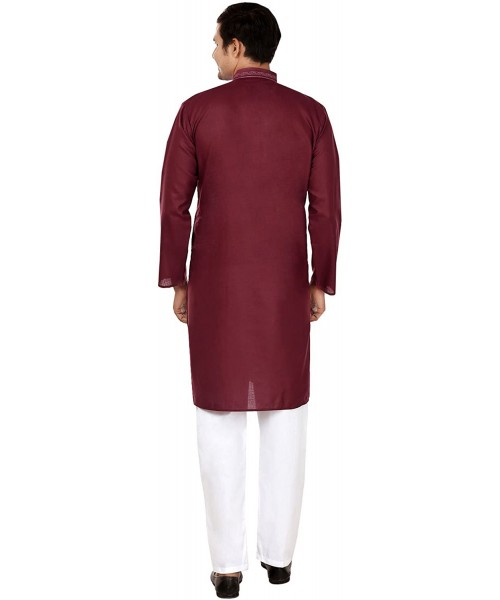 Sleep Sets Men's Kurta Pajama Embroidered Dress Cotton Indian Clothes - Maroon - C012BK76ZO3