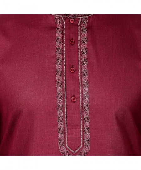 Sleep Sets Men's Kurta Pajama Embroidered Dress Cotton Indian Clothes - Maroon - C012BK76ZO3