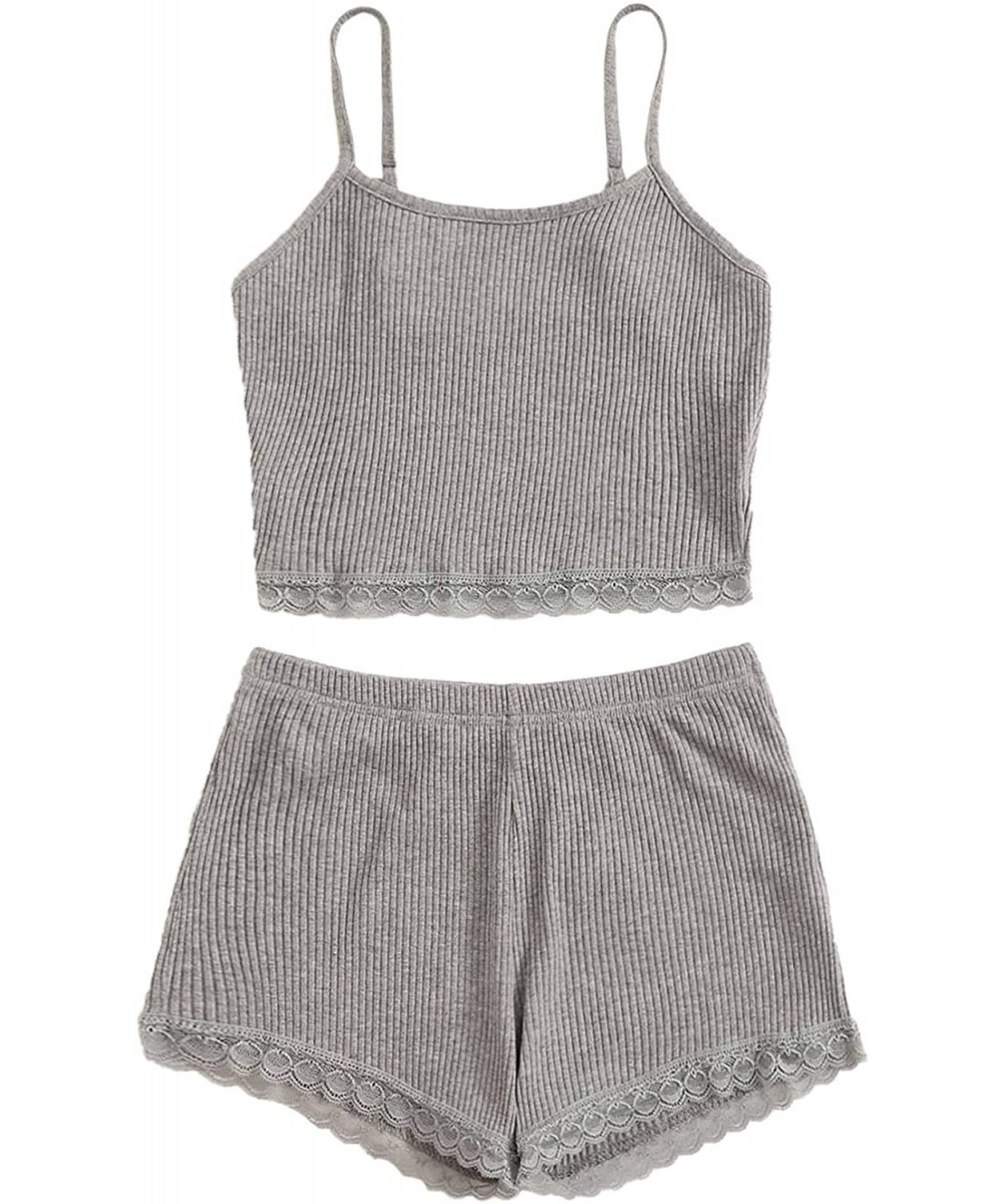 Sets Women's 2 Piece Lace Trim Cami Crop Top and Shorts Lounge Pajama Set - Grey - CY196H73ANK