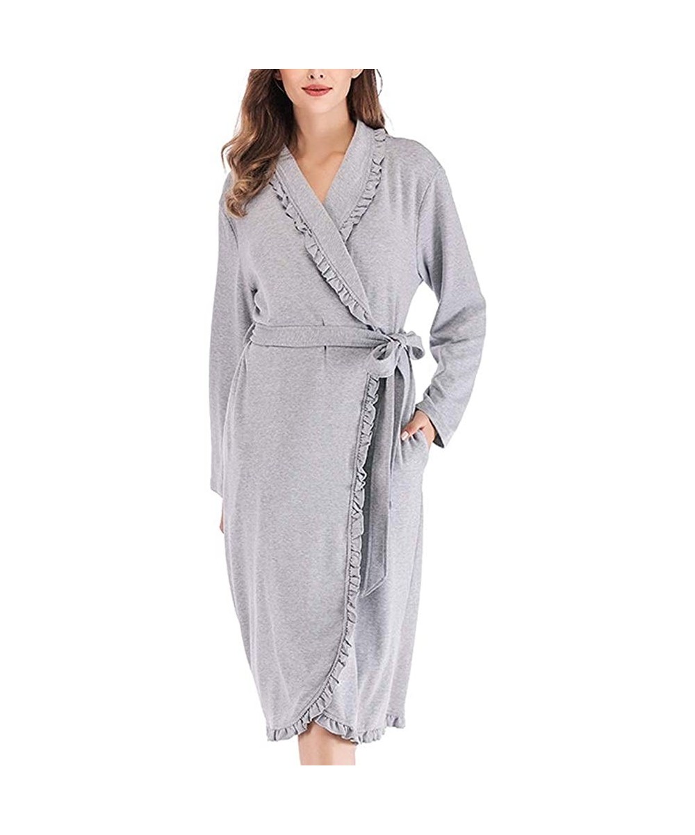 Robes Women's Ruffle Hem Robes-Long Sleeves Bathrobe Soft Sleepwear Ladies Loungewear - Gray - C619DDR5KNQ