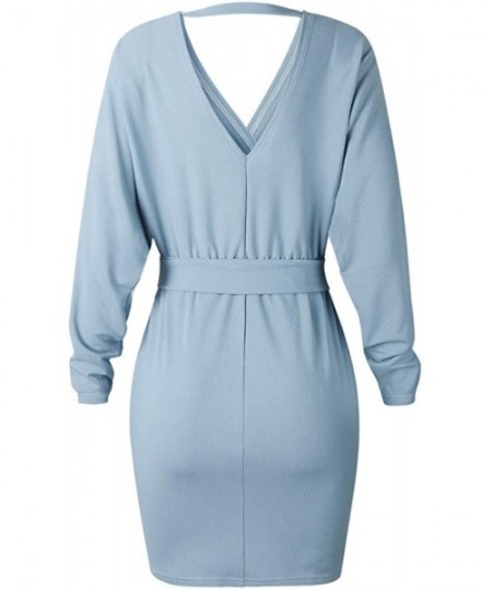 Nightgowns & Sleepshirts Sweater Dresses for Women V Neck Knitted Belted Backless Long Sleeve Mini Dress - Skyblue - CI1954GODH4