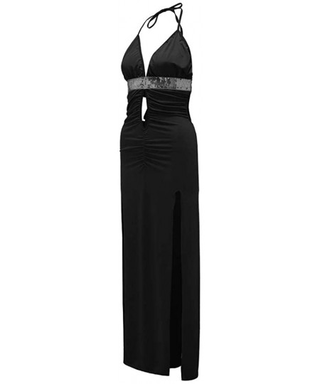 Nightgowns & Sleepshirts Women Sexy Lingerie Clubwear Deep V-Neck Backless Sequined Split Dress - Black - CW18STTC6HN