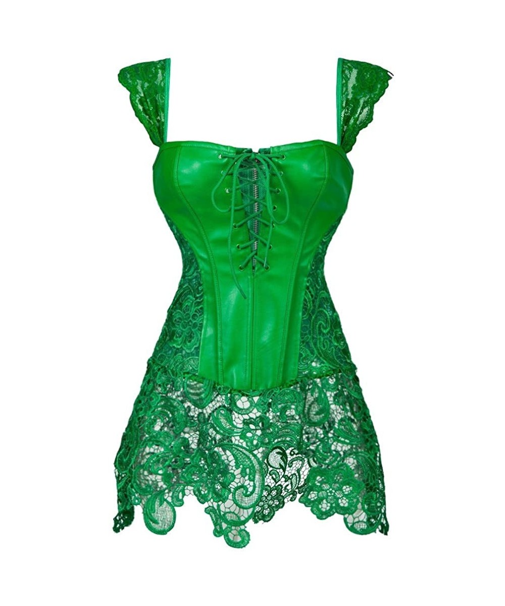 Bustiers & Corsets Women's Punk Rock Faux Leather Buckle-up Corset Bustier Basque with G-String - Green - CD12D3JRUV3