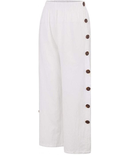 Bottoms Cotton Linen Pants Women Wide Leg Ankle-Length Lounge Pants Button Loose Casual Pants - White - CL19CAT8767
