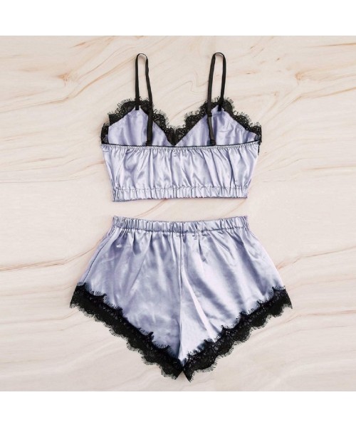 Sets Women's Lace Trim Satin Sleepwear Comfy Bowknot Cropped Bralette Bra Cami Top and Shorts Pajama Set Pants - Blue - CN18A...