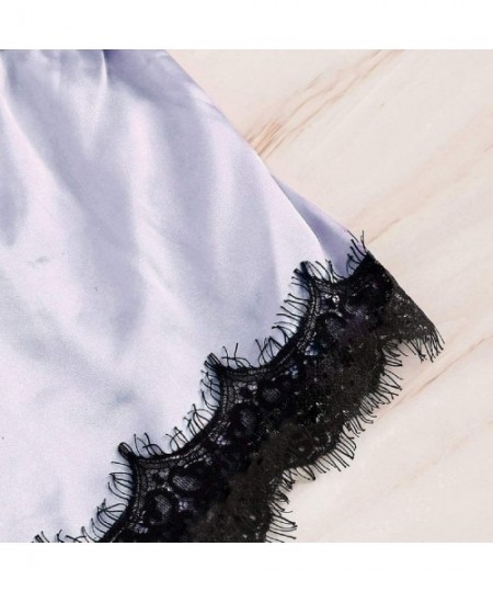 Sets Women's Lace Trim Satin Sleepwear Comfy Bowknot Cropped Bralette Bra Cami Top and Shorts Pajama Set Pants - Blue - CN18A...