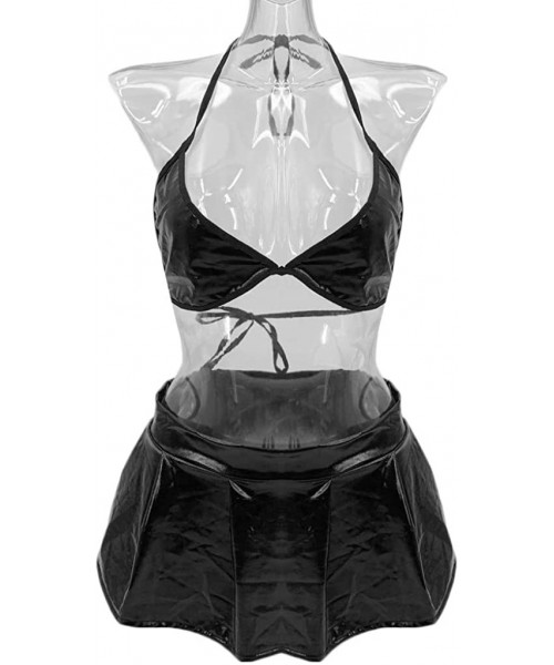 Robes Women Pu Leather Plus Size Bra Underwear Mini Skirt Black Lingerie Set M-4XL - Black - C0192AA9OSL