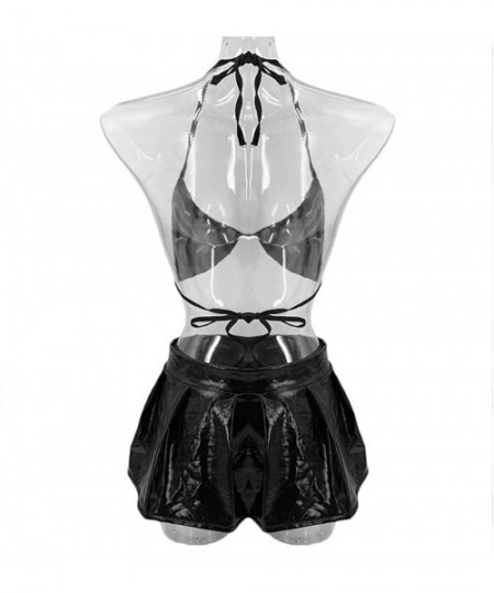 Robes Women Pu Leather Plus Size Bra Underwear Mini Skirt Black Lingerie Set M-4XL - Black - C0192AA9OSL